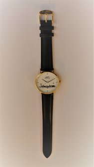 Horloge 36mm Witte wijzerplaat met zwarte opdruk Gouden kast Zwarte lederband