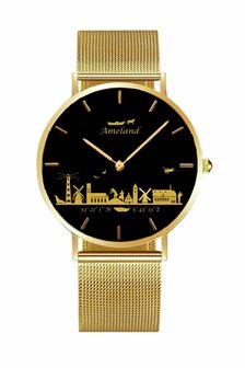 Horloge 40mm Zwarte wijzerplaat met gouden 3D opdruk Gouden staalband