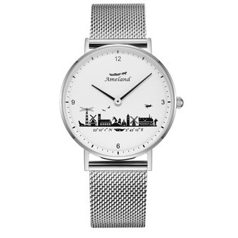 Horloge 36 mm. of 40 mm. Witte wijzerplaat met zwarte opdruk, zilver kast, zilver staalband.