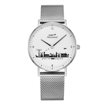Elegant Ameland-horloge met zilverkleurige mesh-band en witte wijzerplaat, verkrijgbaar in 36mm of 40mm
