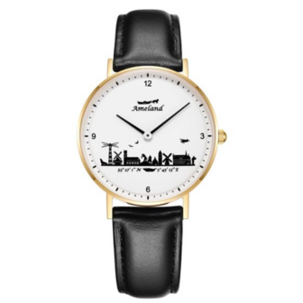 Ameland-horloge van 36mm met wit uurwerk, goudkleurige kast en zwart leren bandje, voorzien van een skyline