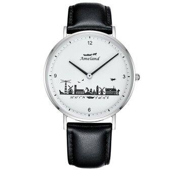Stijlvol Ameland-horloge met zwart leren bandje en witte wijzerplaat, verkrijgbaar in 36mm of 40mm