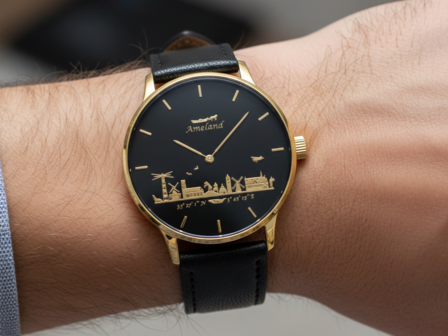 Goudkleurig herenhorloge met een grote 43mm kast, zwarte wijzerplaat en gouden mesh band met Ameland skyline om pols