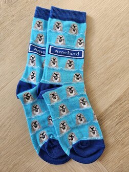 Lichtblauwe Ameland kindersokken met illustraties van Zeehonden