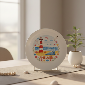 Ameland bordje vuurtoren zeehond op tafel 1x1 formaat