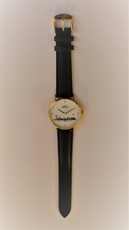 Horloge 36mm Witte wijzerplaat met zwarte opdruk Gouden kast Zwarte lederband