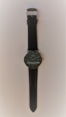 Horloge 40mm Zwarte wijzerplaat met zilveren 3D opdruk Zilver kast Zwarte lederband