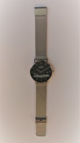 Horloge 40mm Zwarte wijzerplaat met zilveren 3D opdruk Zilver staalband