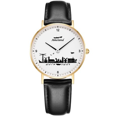 Horloge 36mm Witte wijzerplaat met zwarte opdruk Gouden kast Zwarte lederband