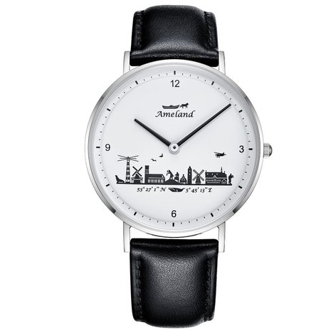 Horloge 36 mm. of 40 mm. Witte wijzerplaat met zwarte opdruk, zilver kast, zwarte lederband