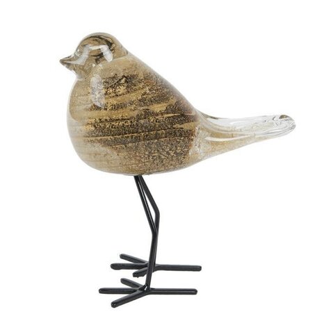 Vogel van bruin/goud glas op zwarte pootjes van metaal.