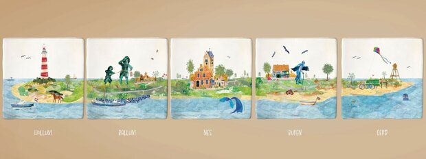 Set van 5 Ameland tegeltjes: Hollum Ballum Nes Buren Oerd