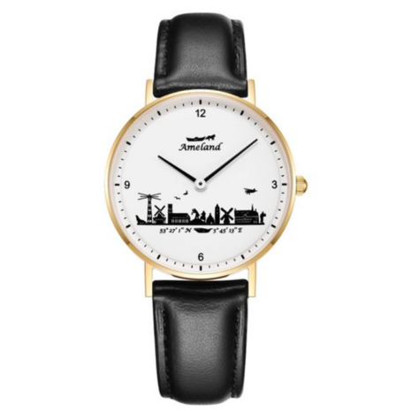 Ameland-horloge van 36mm met wit uurwerk, goudkleurige kast en zwart leren bandje, voorzien van een skyline