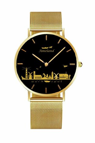 Goudkleurig 40mm horloge met zwarte wijzerplaat, gouden mesh band en de skyline van Ameland in goudopdruk