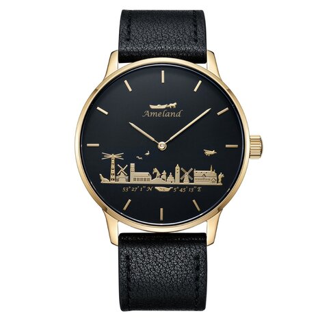 Goudkleurig herenhorloge met een grote 43mm kast, zwarte wijzerplaat en gouden mesh band met Ameland skyline