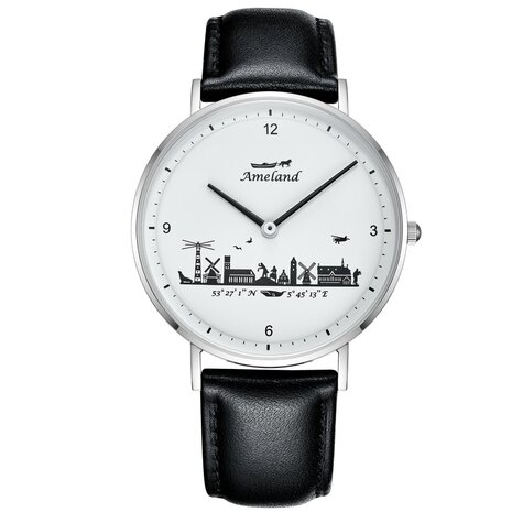 Stijlvol Ameland-horloge met zwart leren bandje en witte wijzerplaat, verkrijgbaar in 36mm of 40mm