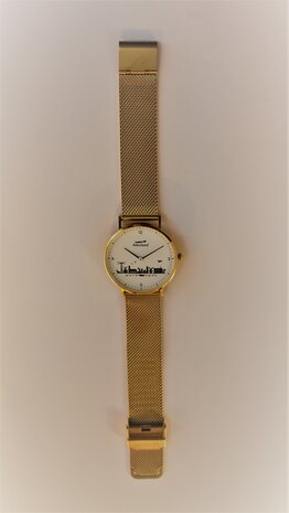 Goudkleurig 36mm horloge met skyline van Ameland op witte wijzerplaat en goudkleurige mesh band