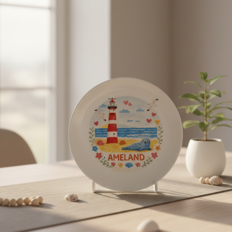Ameland bordje vuurtoren zeehond op tafel 1x1 formaat