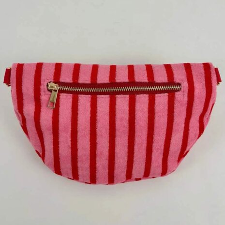 Schoudertasje roze met rode strepen